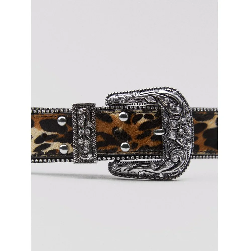 Zara Leather And Rhinestone Animal Print Belt NWT